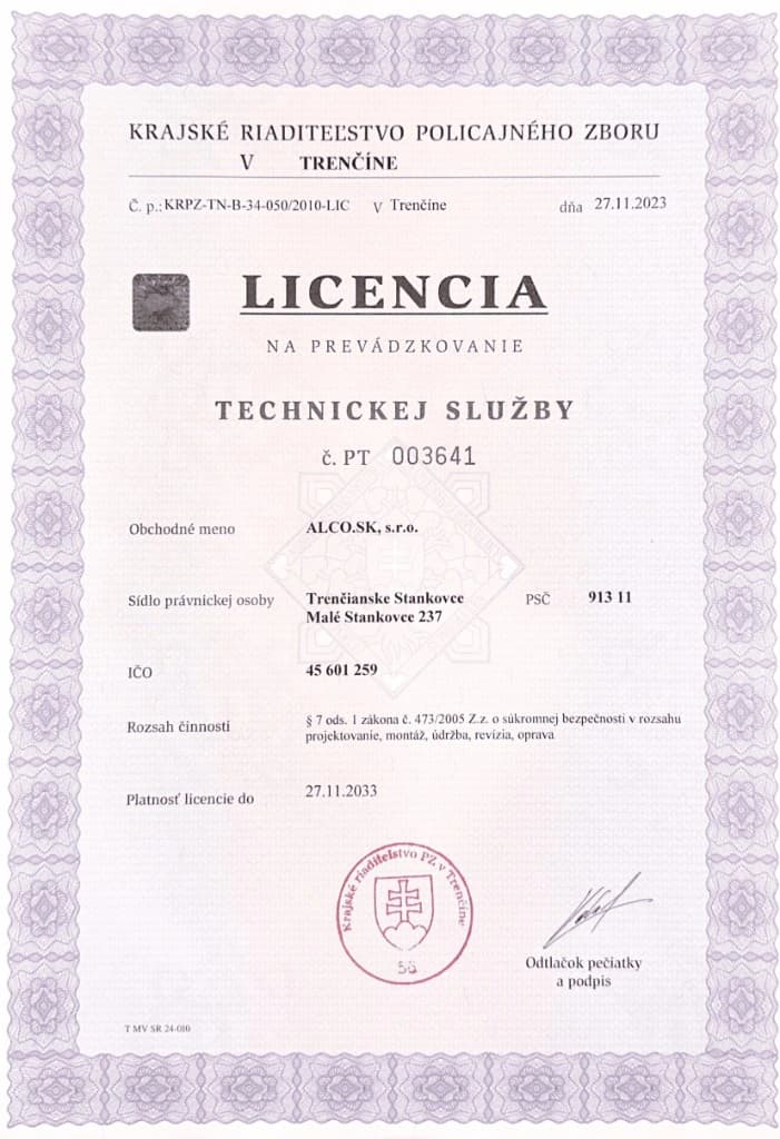 Licencia na prevádzkovanie technickej služby PT 003641, KR PZ Trenčín, ALCO.SK s.r.o.