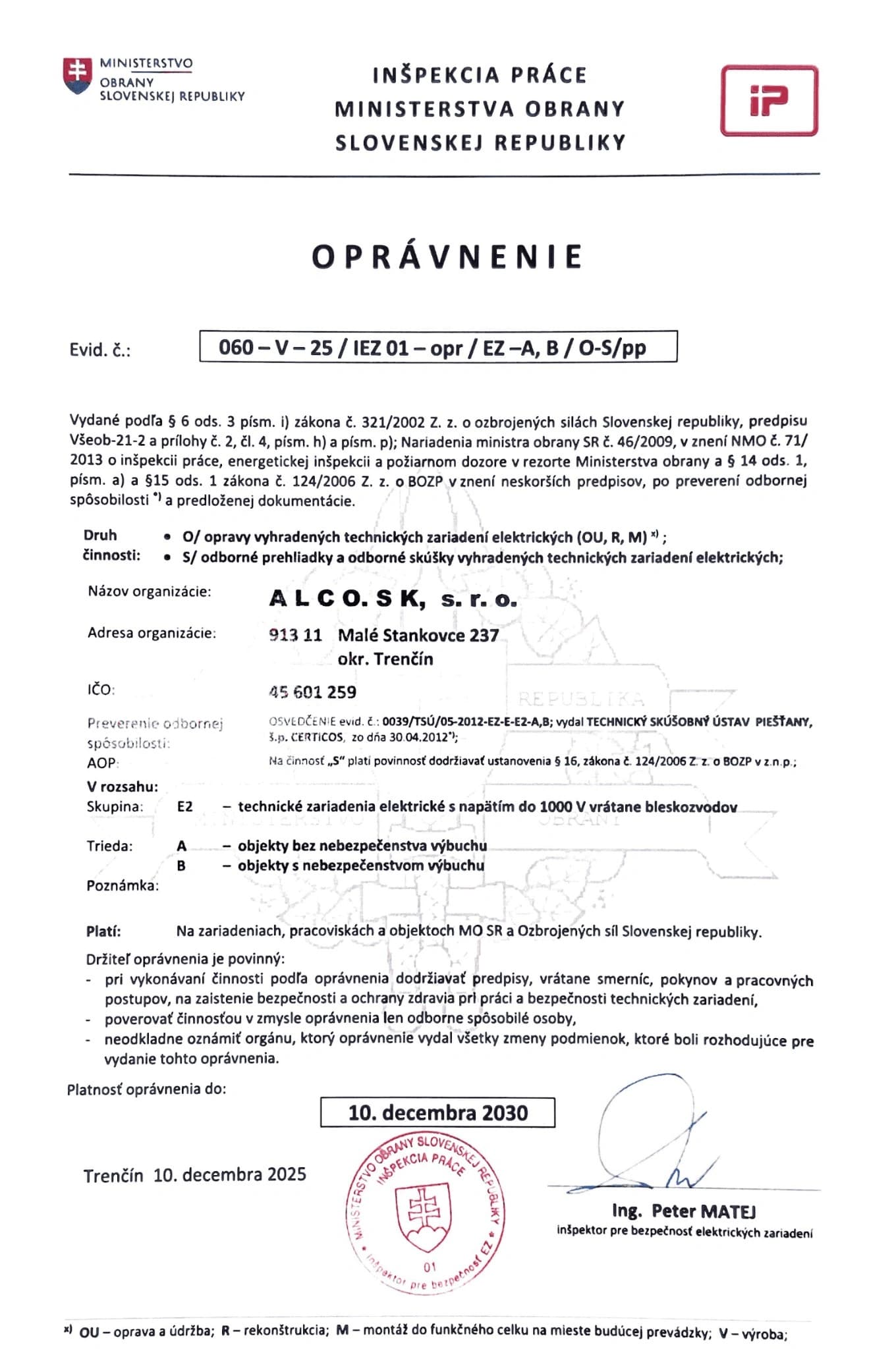 Oprávnenie MOSR na činnosť na vyhradených technických zariadeniach – zaslanie, ALCO.SK s.r.o.