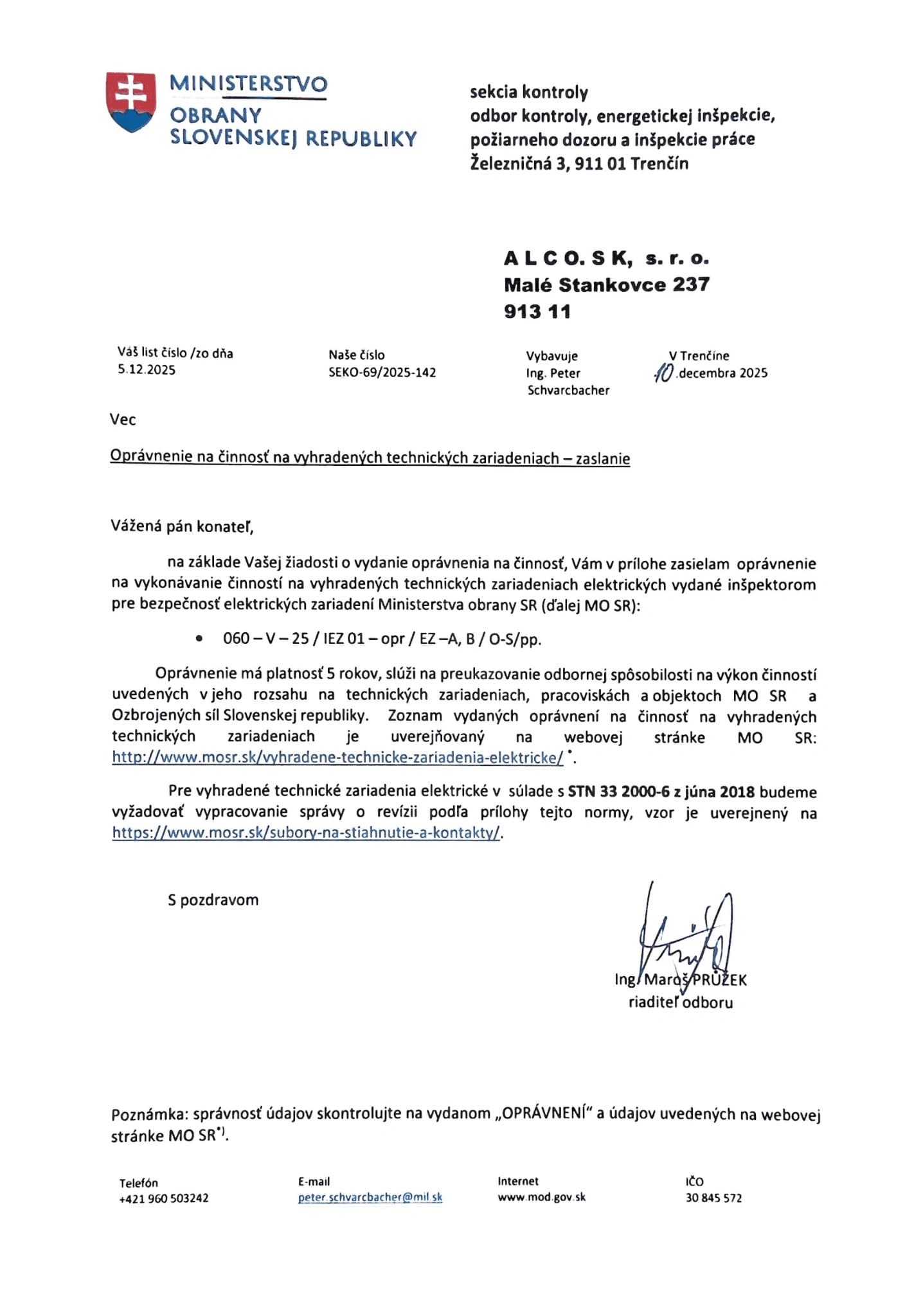 Oprávnenie Inšpekcia práce Ministerstva obrany SR – vyhradené technické zariadenia elektrické, ALCO.SK s.r.o.