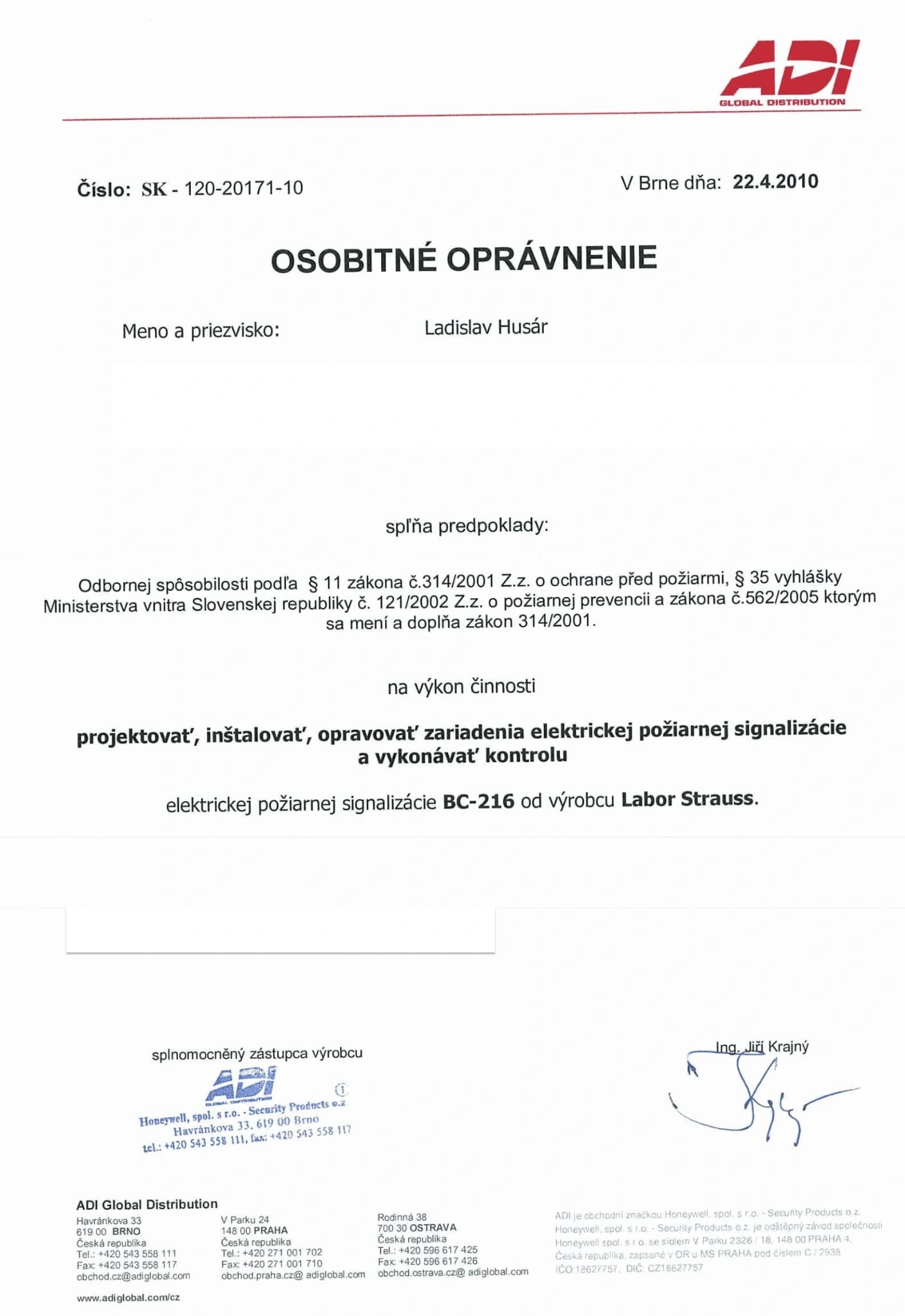 Oprávnenie ADI – elektrická požiarna signalizácia BC-216 Labor Strauss, Ladislav Husár.