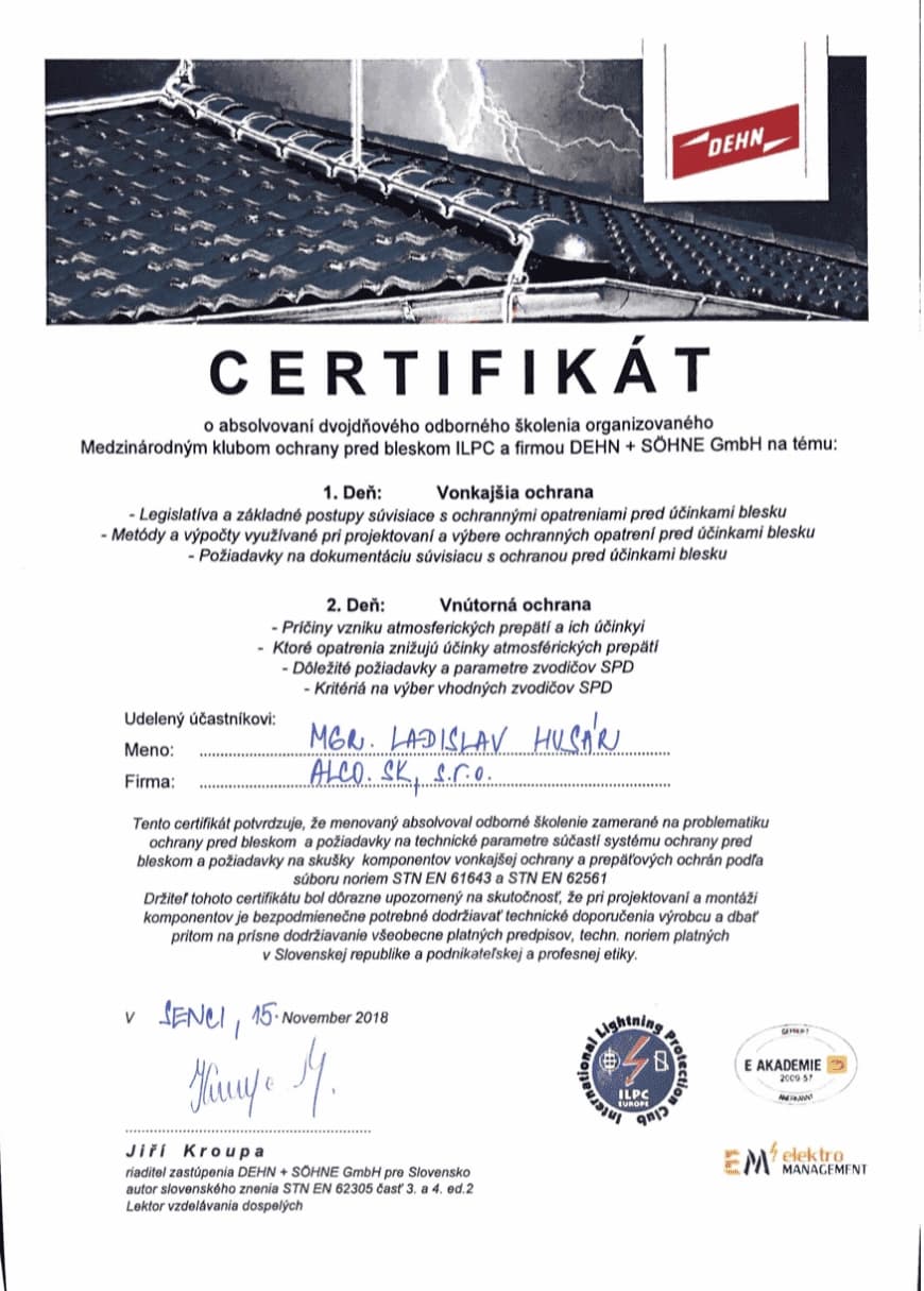 Certifikát DEHN + SÖHNE – školenie ochrana pred bleskom a prepätím, ILPC.