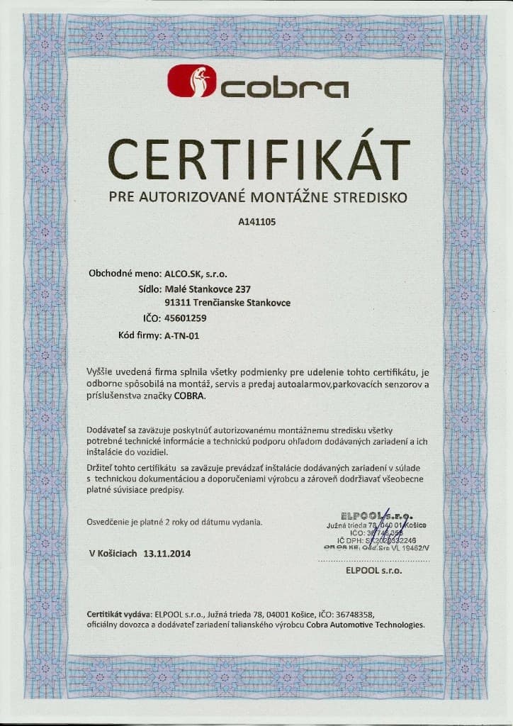 Certifikát Cobra – autorizované montážne stredisko, ALCO.SK s.r.o.