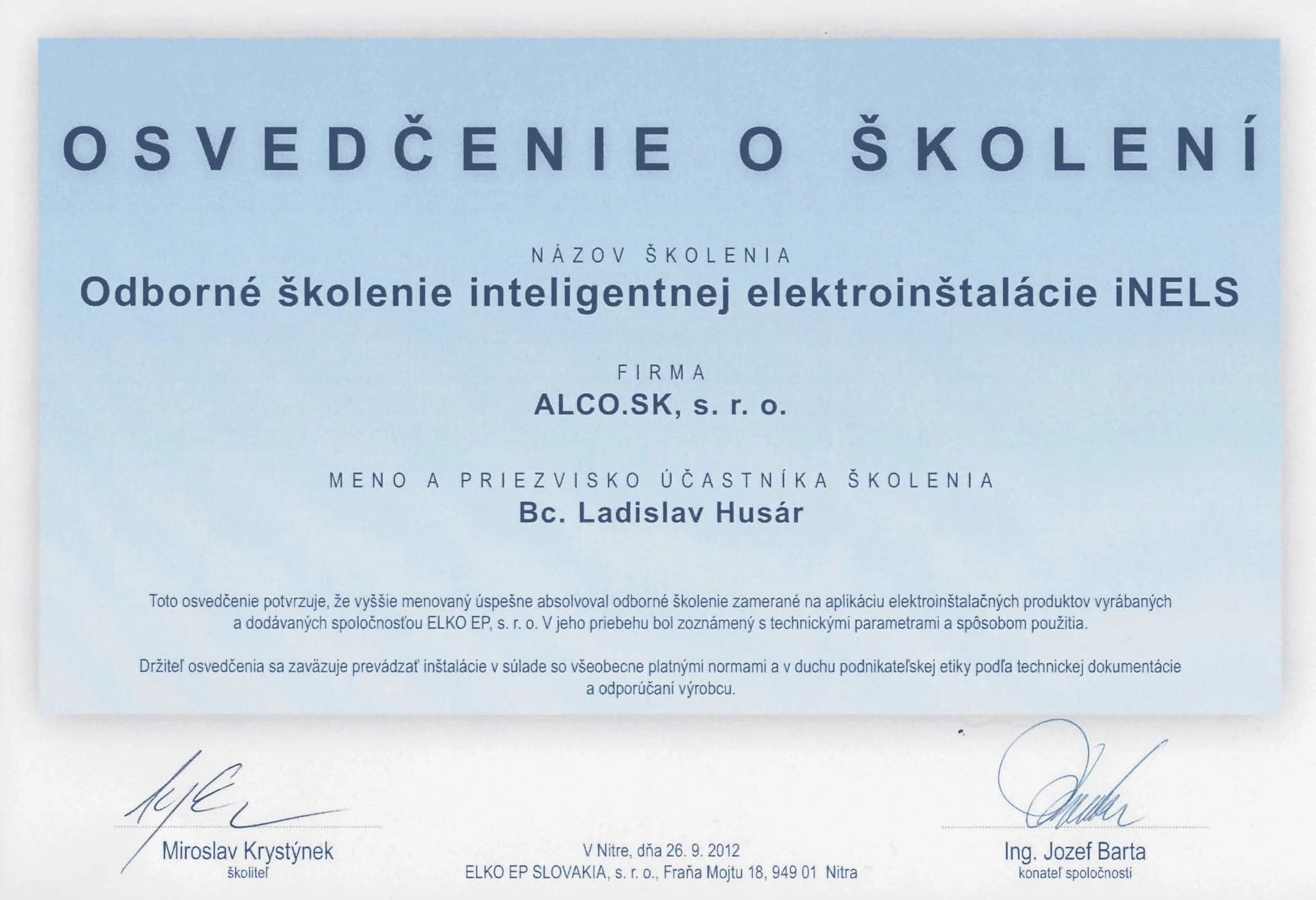 Osvědčení iNELS – inteligentná elektroinštalácia, ELKO EP.