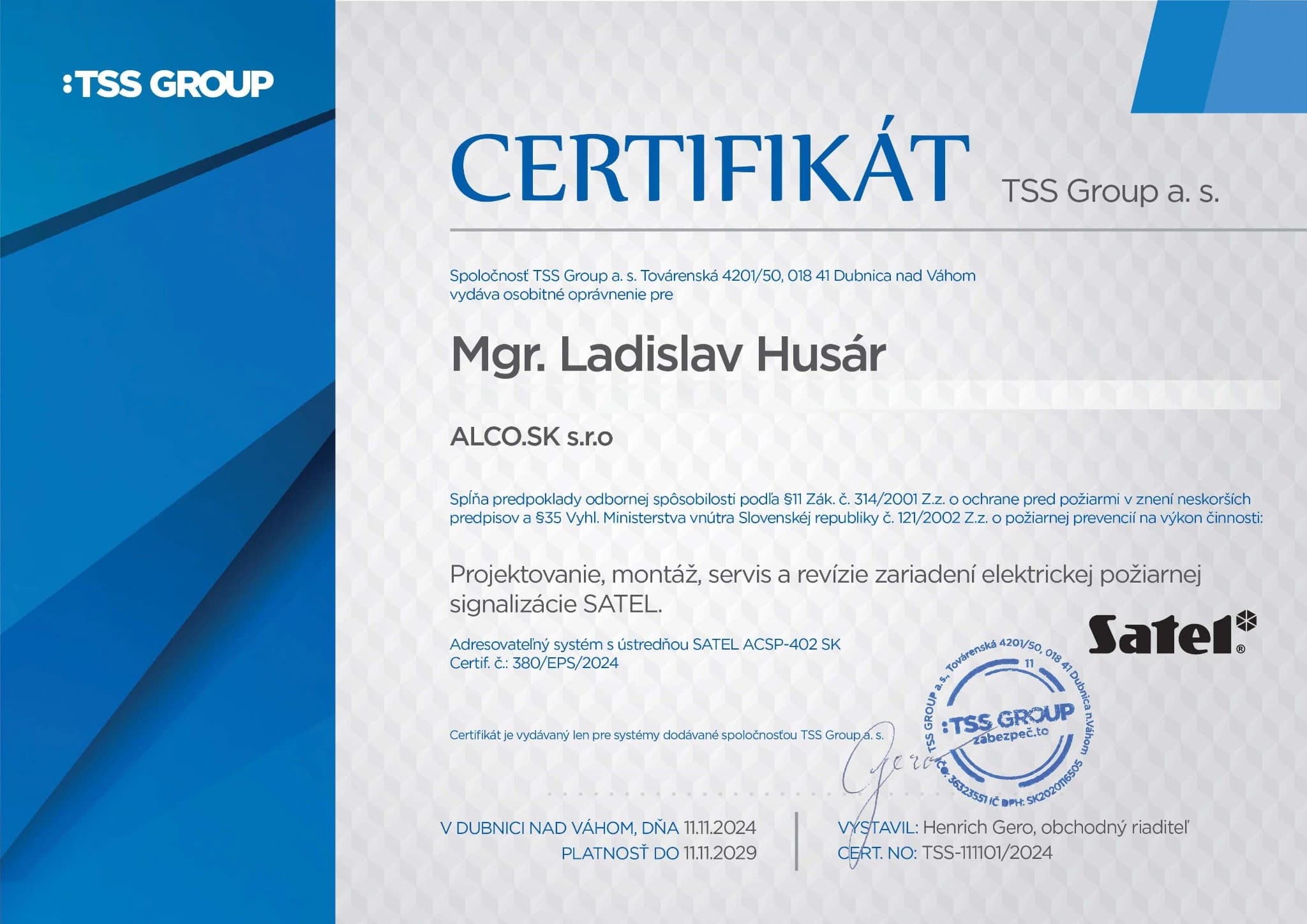 Certifikát Satel EPS – Ladislav Husár, ALCO.SK s.r.o.
