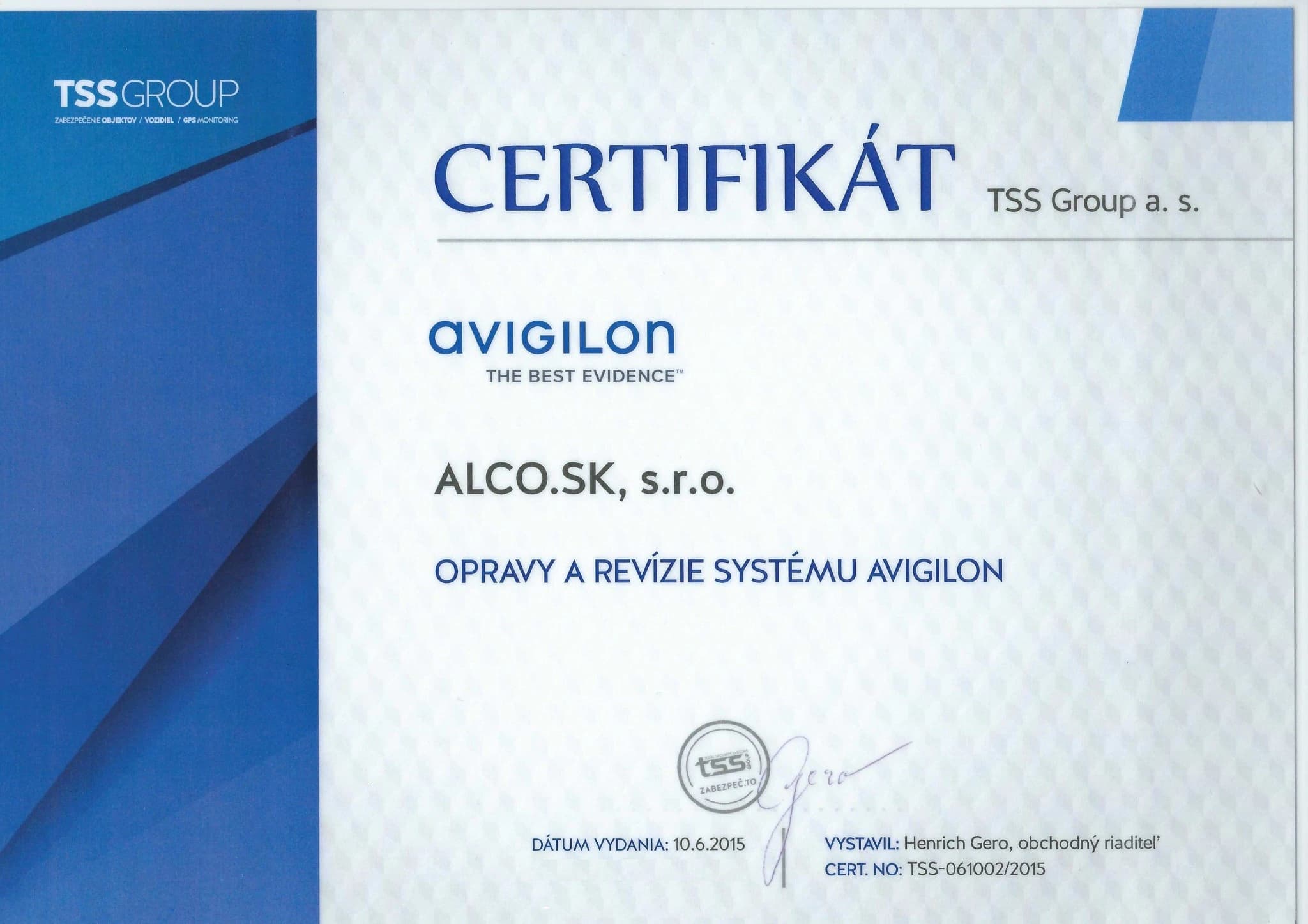 Certifikát TSS Group – inštalácia a programovanie servera Avigilon, ALCO.SK s.r.o.