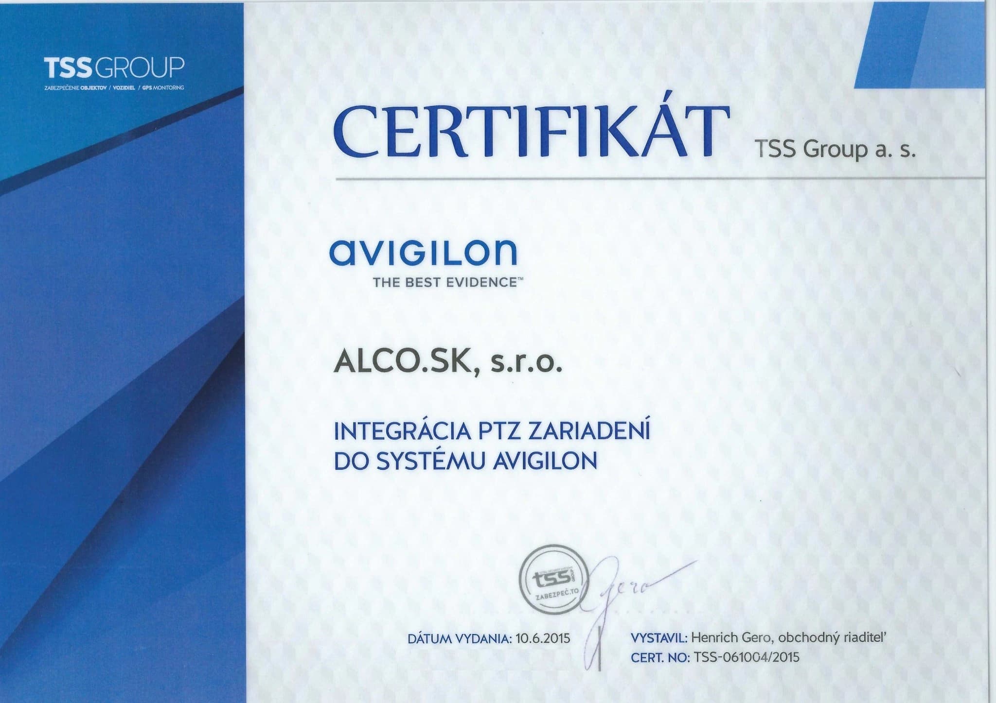 Certifikát TSS Group – opravy a revízie systému Dahua, ALCO.SK s.r.o.