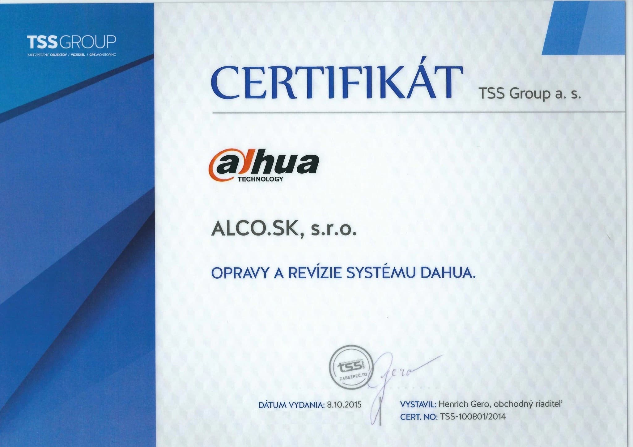 Certifikát TSS Group – opravy a revízie systému Avigilon, ALCO.SK s.r.o.