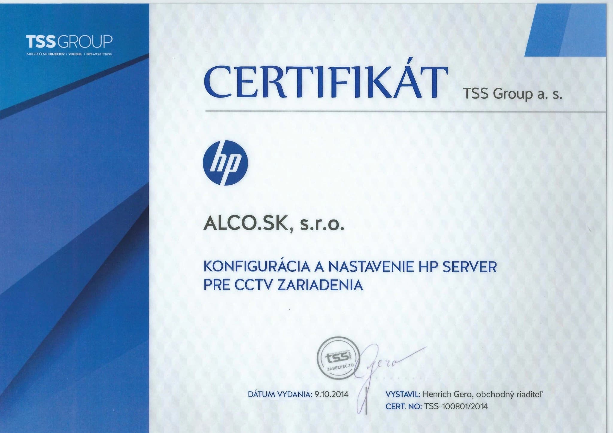 Certifikát TSS Group – integrácia PTZ zariadení do systému Avigilon, ALCO.SK s.r.o.