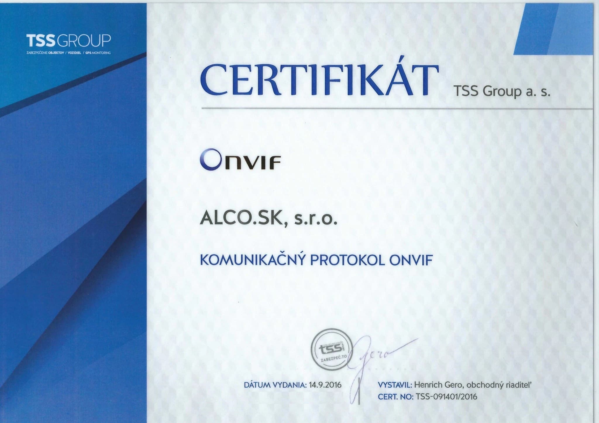 Certifikát TSS Group – konfigurácia a nastavenie HP server pre CCTV, ALCO.SK s.r.o.