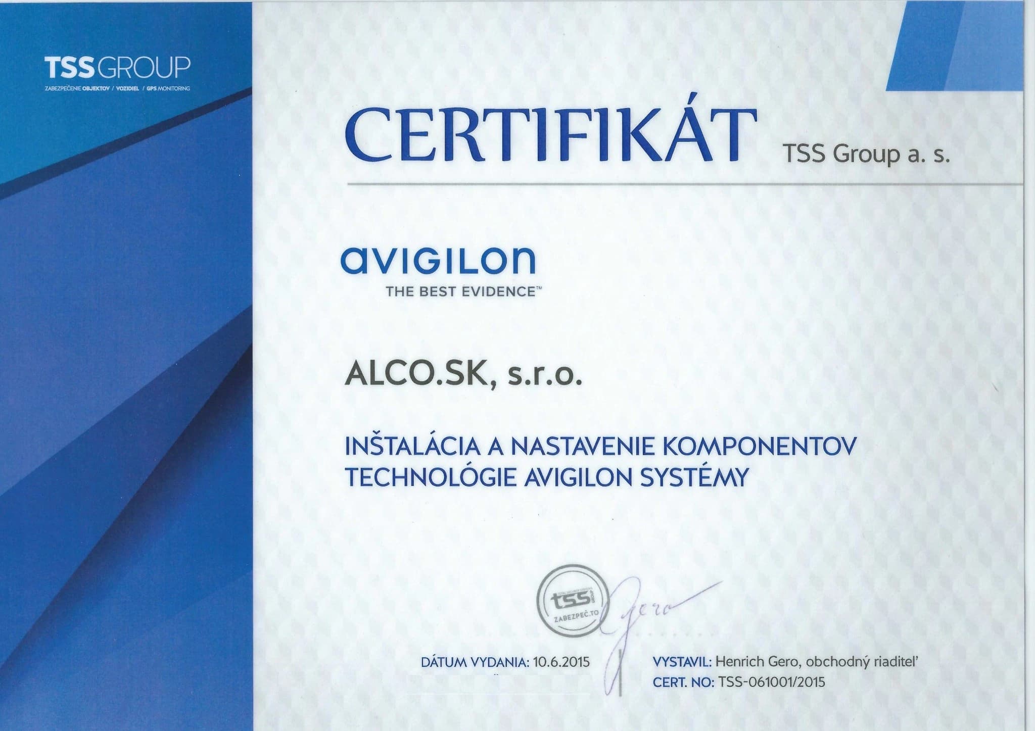 Certifikát TSS Group – komunikačný protokol ONVIF, ALCO.SK s.r.o.