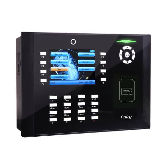 Dochádzkový terminál entry – farebný displej, výber príchod, odchod, obed, služobne, čítačka kariet. ALCO.SK dochádzkové systémy.