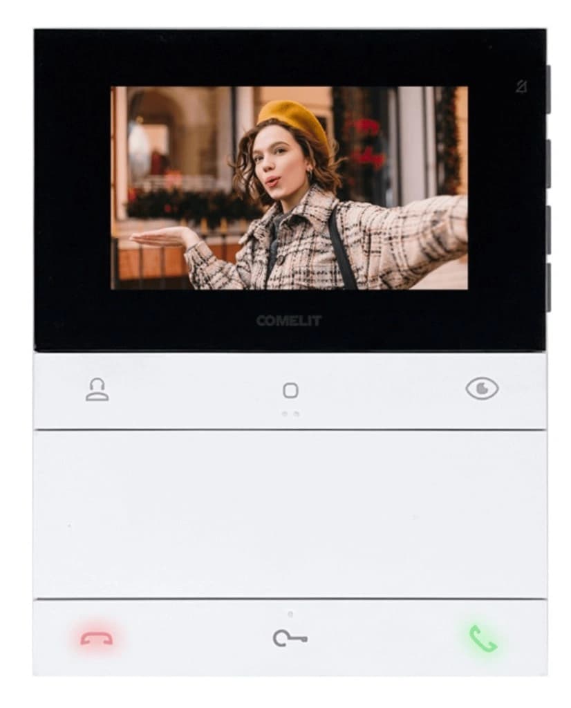 Vnútorná jednotka videovrátnika Comelit – bielo-čierny dizajn, obrazovka s videohovorom, tlačidlá prijatie a odmietnutie, otvorenie dverí. ALCO.SK.