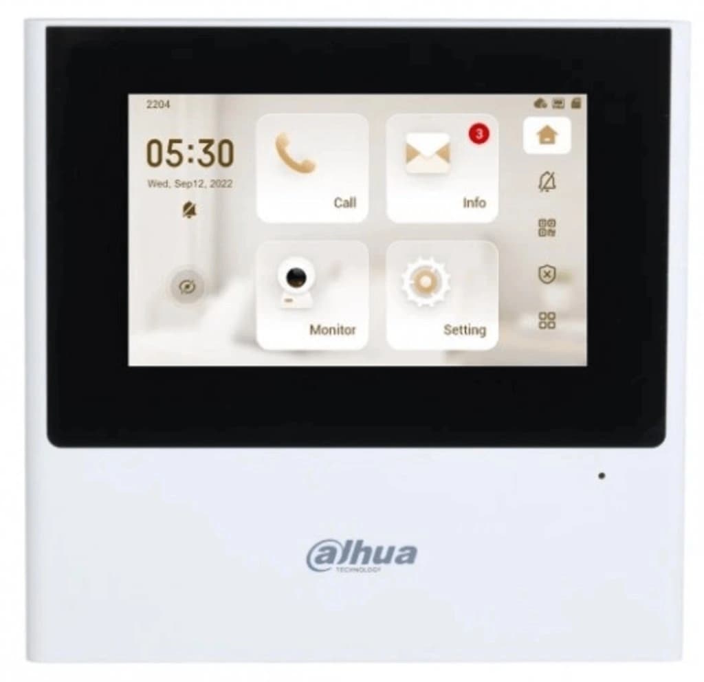 Vnútorná jednotka videovrátnika Dahua – biely panel, menu Call, Info, Monitor, Setting. ALCO.SK.