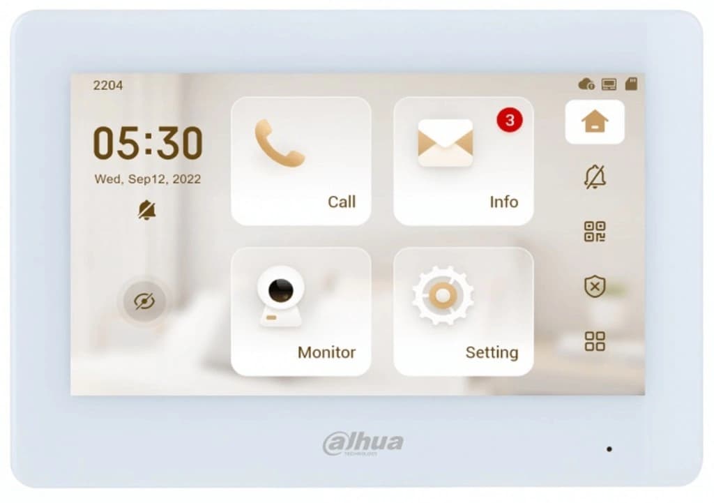 Vnútorná jednotka videovrátnika Dahua – biely dotykový panel s rozhraním volania, monitoringu a nastavení. ALCO.SK.